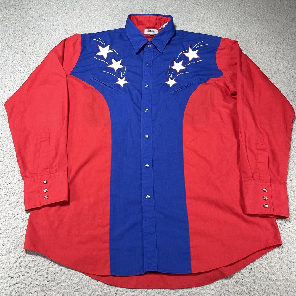 Ely Diamond Shirt Mens Large Red Blue Western Snap Star Embroidered Patriotic